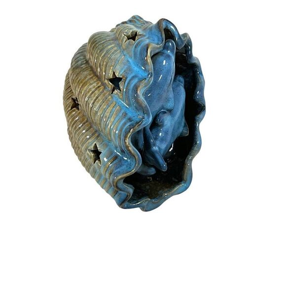 Pottery Dolphin Votive Candle Holder Blue Tealight Seashell Beach Conch Shell - Picture 5 of 8